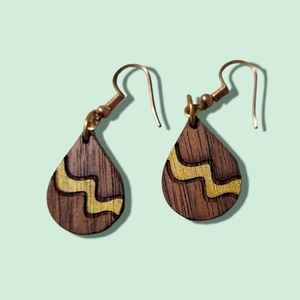 Mahogany Wood Tear Drop Earrings, hand painted yellow, hypoallergenic Gold Hooks
